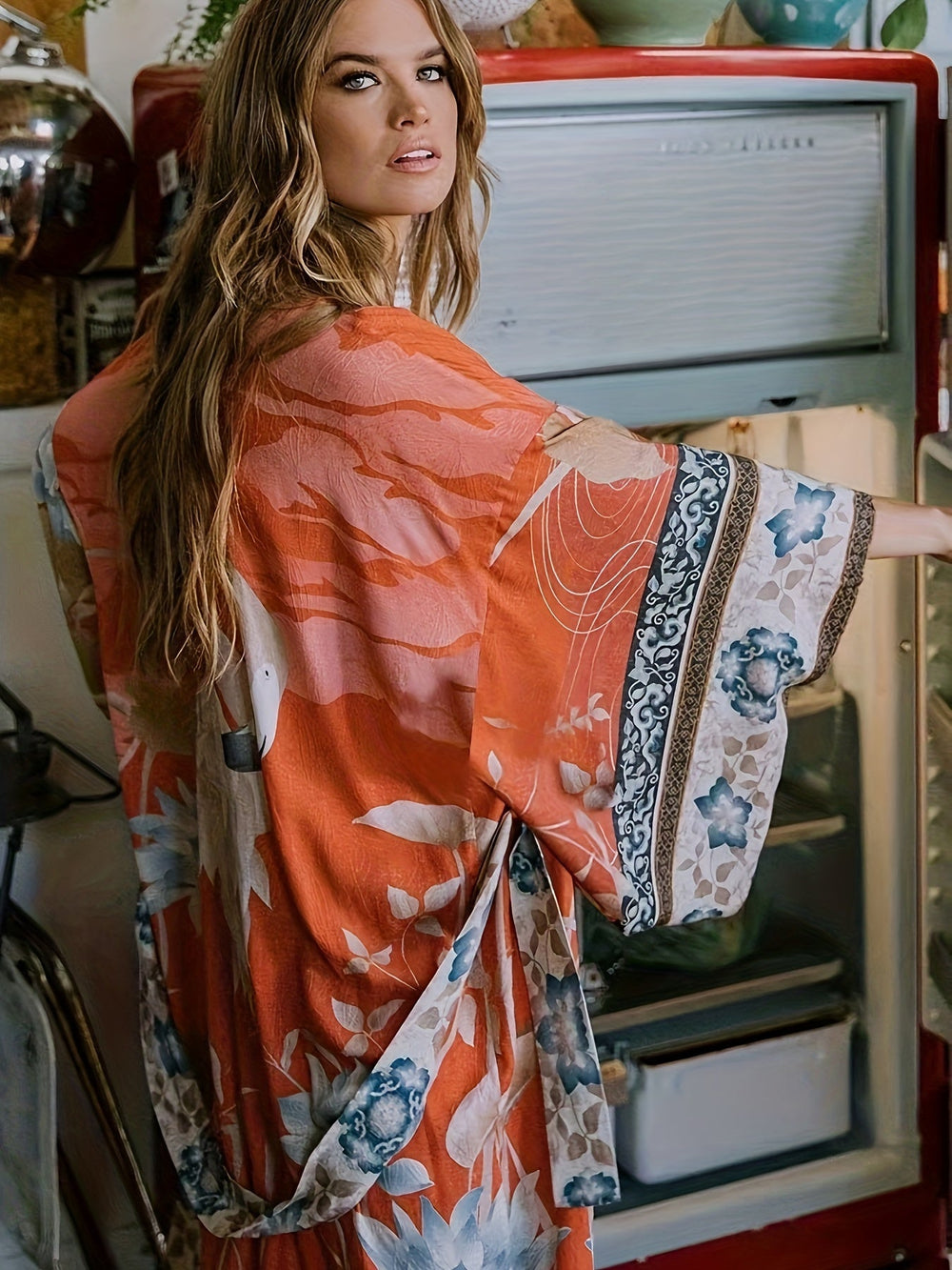 Sahari – Damen Kimono mit floralem Print und Bindegürtel
