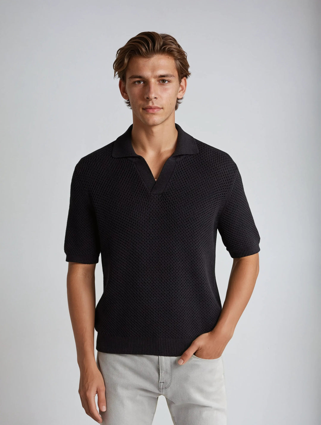 Sahari – Herren Häkelpolo in Schwarz mit Eleganter Struktur