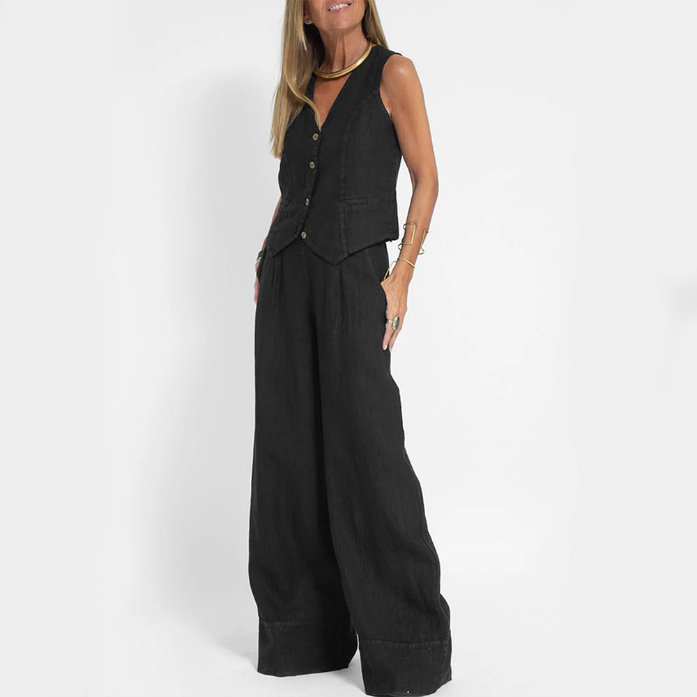 Sahari – Zweiteiliges Set mit ärmellosem V-Ausschnitt-Top und weiter Hose
