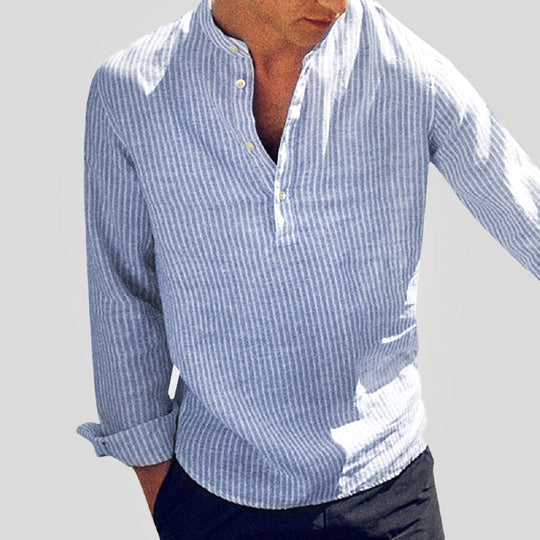 Sahari – Gestreiftes Herren Henley Shirt aus Baumwoll-Leinen mit Stehkragen