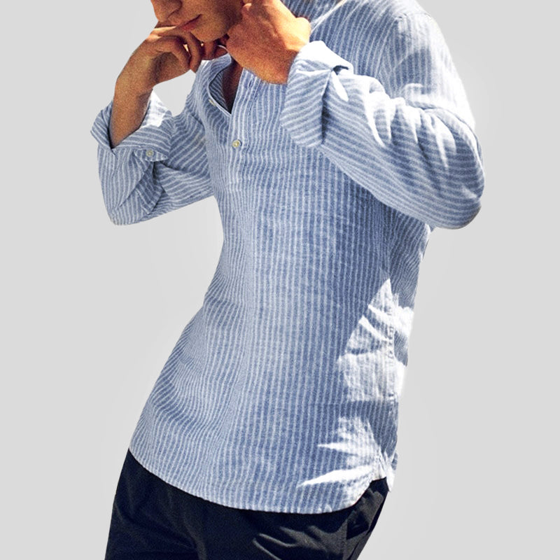 Sahari – Gestreiftes Herren Henley Shirt aus Baumwoll-Leinen mit Stehkragen
