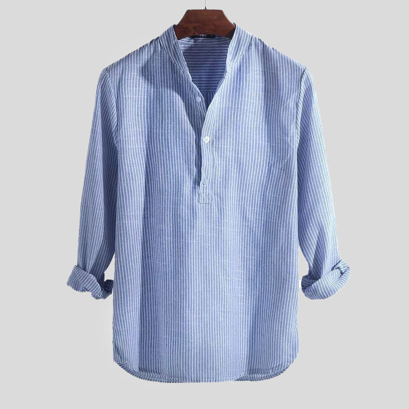 Sahari – Gestreiftes Herren Henley Shirt aus Baumwoll-Leinen mit Stehkragen