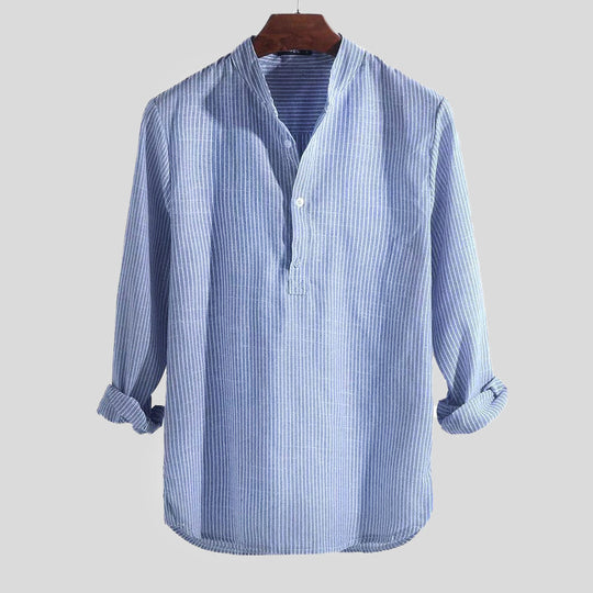 Sahari – Gestreiftes Herren Henley Shirt aus Baumwoll-Leinen mit Stehkragen