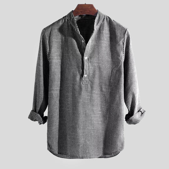 Sahari – Gestreiftes Herren Henley Shirt aus Baumwoll-Leinen mit Stehkragen