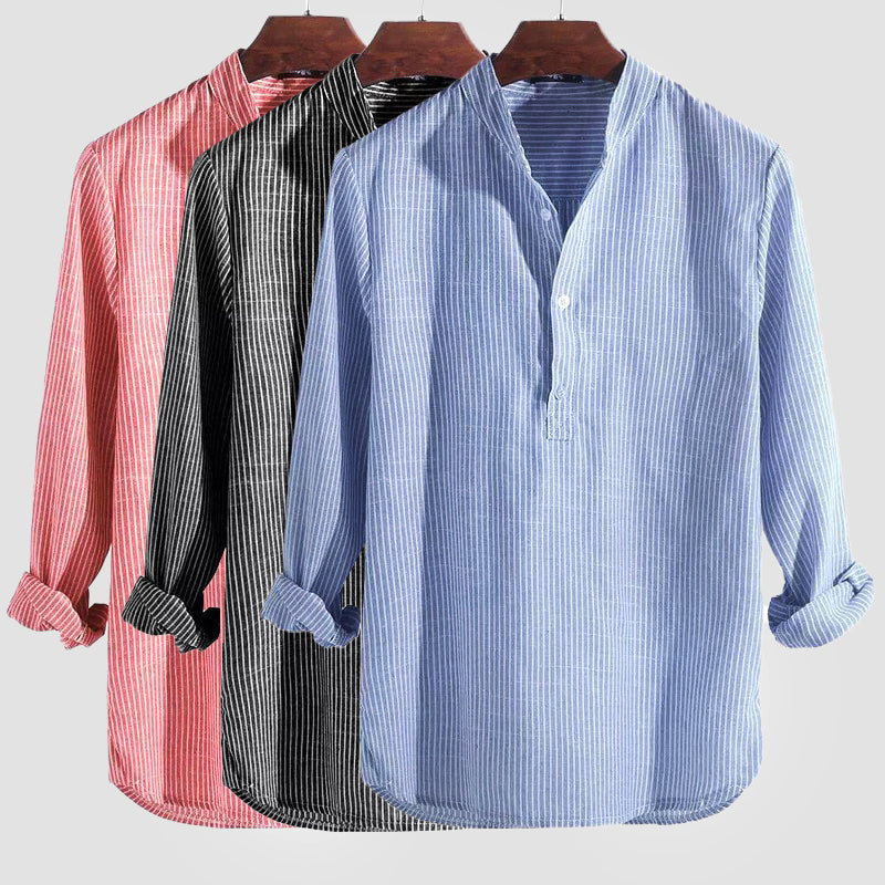 Sahari – Gestreiftes Herren Henley Shirt aus Baumwoll-Leinen mit Stehkragen