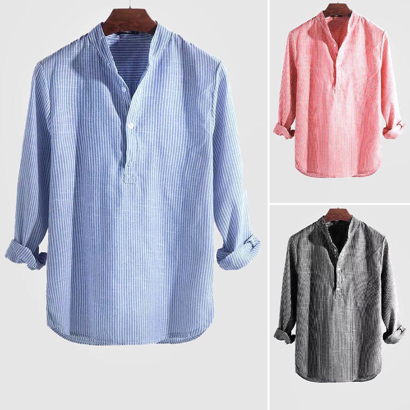 Sahari – Gestreiftes Herren Henley Shirt aus Baumwoll-Leinen mit Stehkragen