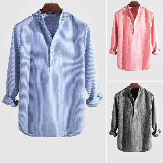 Sahari – Gestreiftes Herren Henley Shirt aus Baumwoll-Leinen mit Stehkragen