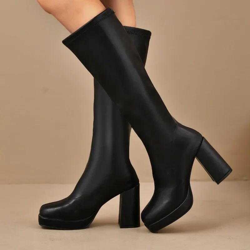 Sahari - Damen Overknee Stiefel | Klobiger Absatz, Plateau-Design