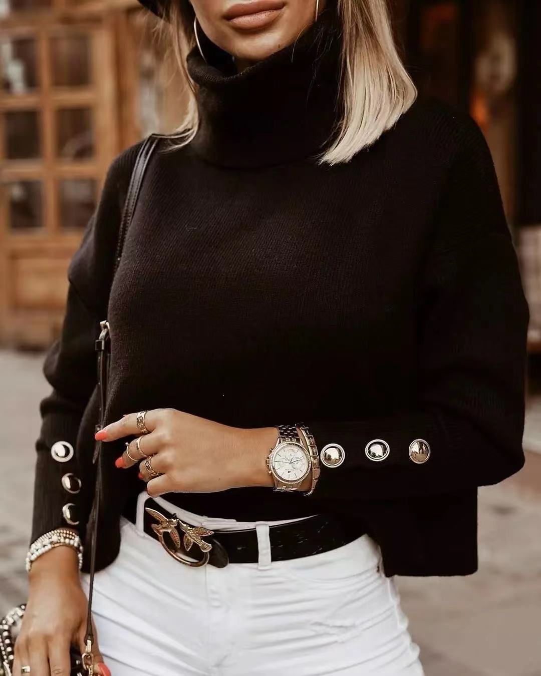 Sahari - Suéter de cuello alto para mujer | Mangas con botones, moderno, versátil